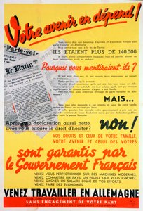 Cartaz de trabalhadores franceses para a Alemanha, c1942-c1944