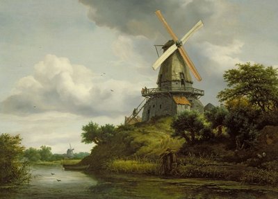 Um Moinho De Vento Em Uma Via Navegável Polder, Conhecido Como No Mês De  Julho, Por Paul Gabriel, C. 1889, Pintura Holandesa, Óleo Sobre Tela.  Gabriel Pintou Esta Paisagem De Verão Com