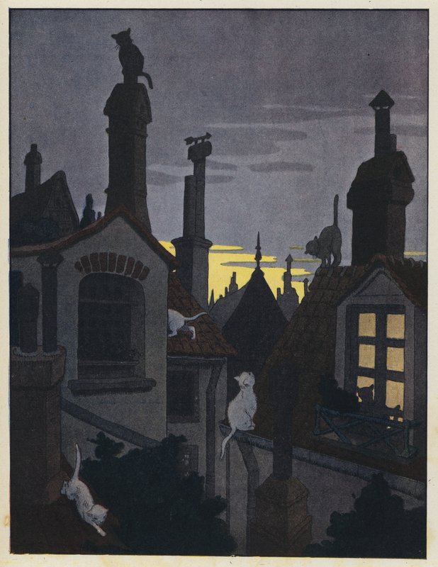 Gatos em telhados à noite de Benjamin Rabier