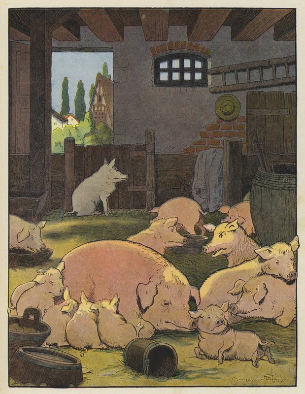 Porcos em um chiqueiro de Benjamin Rabier