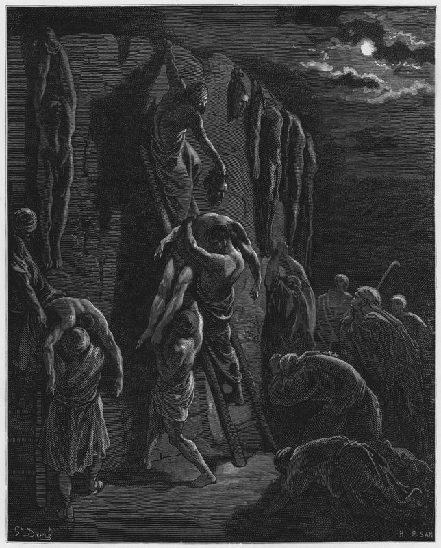 Gustave Dore Bible: Os habitantes de Jabes-Gileade recuperam os corpos de Saul e seus filhos de Gustave Dore