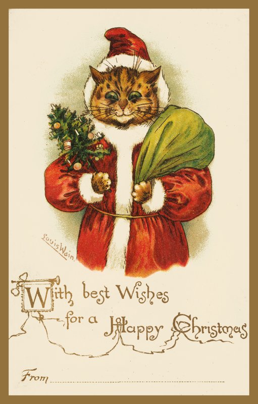 Gato com fato de Pai Natal (chromolitho) de Louis Wain