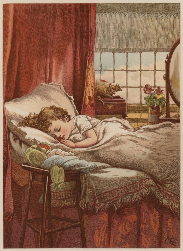 Criança dormindo na cama (chromolitho) de Mary Ellen Edwards