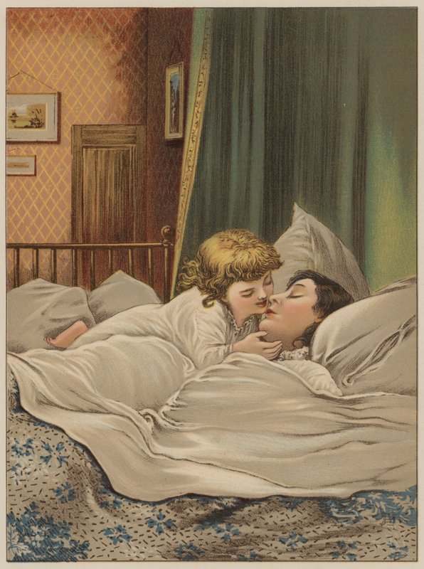 Criança, cama, mãe, chromolitho de Mary Ellen Edwards